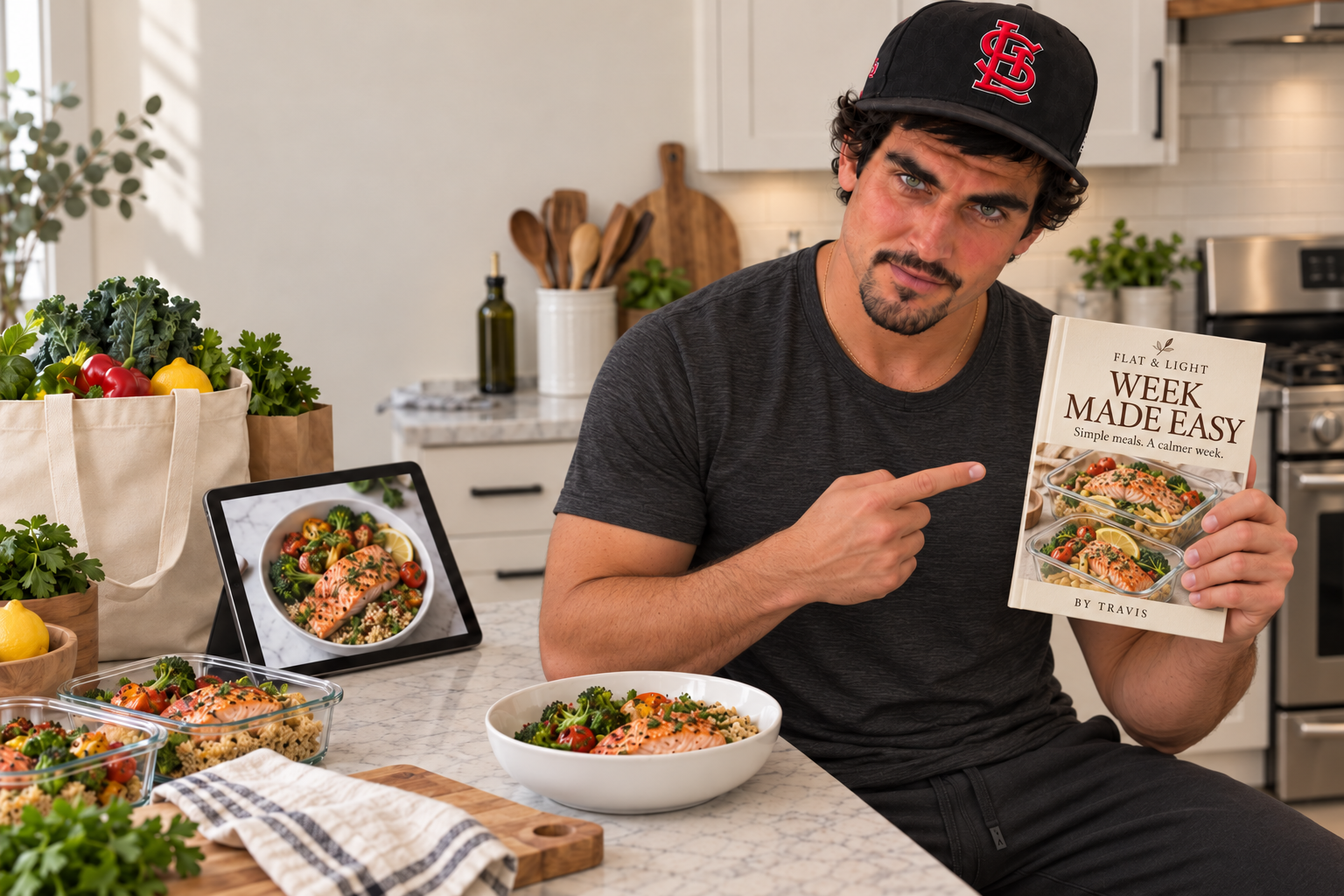 Travis presenting Week Made Easy in his kitchen